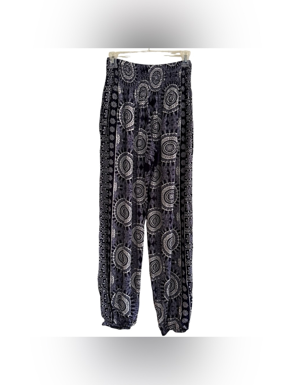Lotus and Luna Navy Blue White Mandala Harem Pants Balloon Smocked waist S - Picture 3 of 6